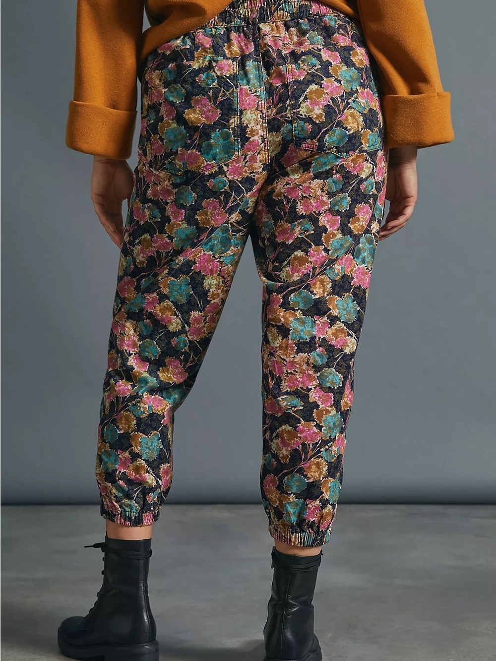 Anthropologie Floral Velvet Joggers - Teal, Pink, Gold on Black - Picture 6 of 9
